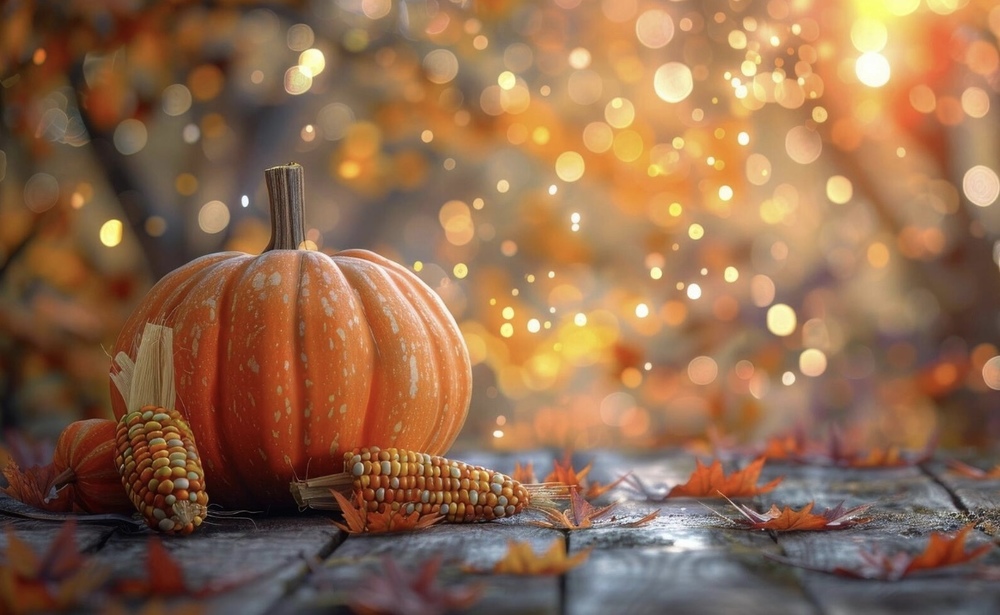 pumpkin, corn, leaves and sunlight