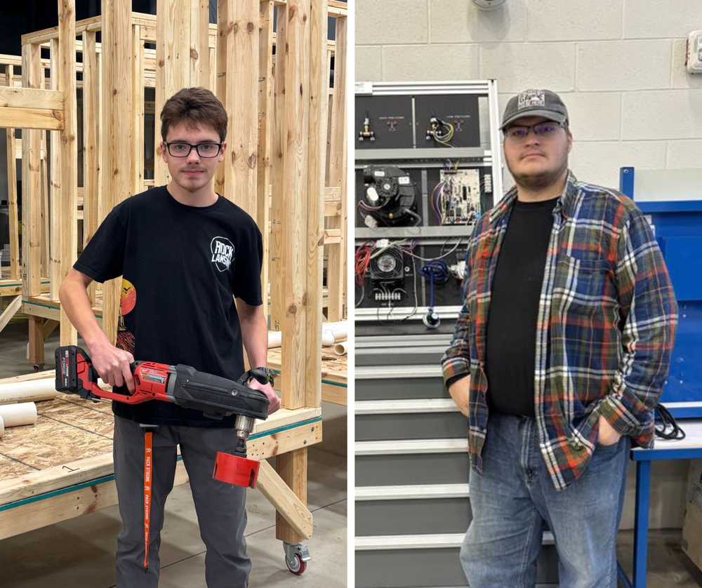 two photos of students standing in classrooms