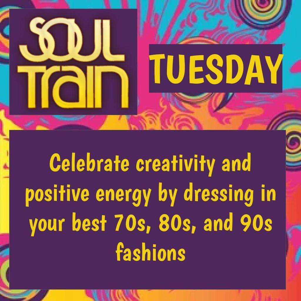 soul train tuesday celebrate creativity and positive energy by dressing in your best 70s, 80s, and 90s fashions