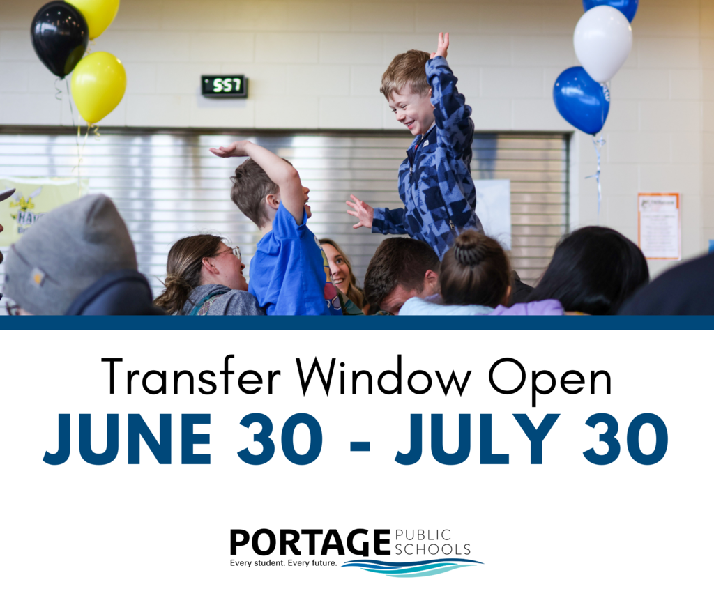 A photo of two kids smiling on a graphic that says transfer window open june 30-july 30