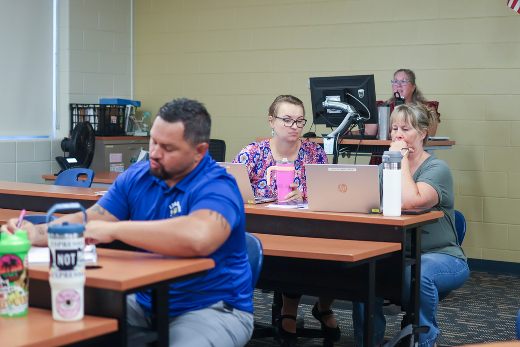 people working at laptops at school desks