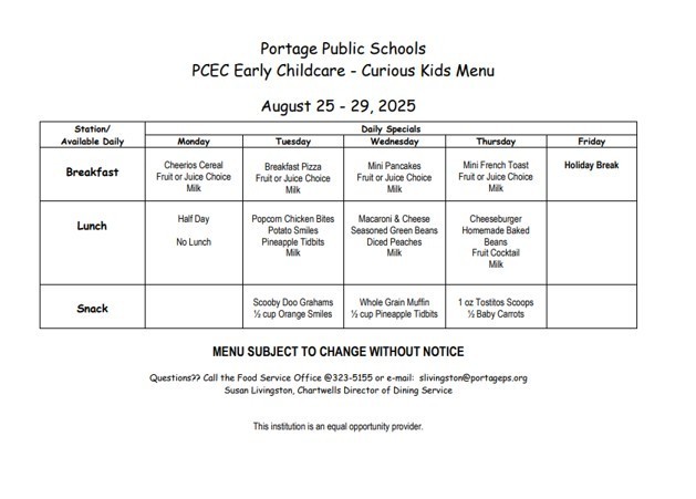 Menu for August 25-29, 2025