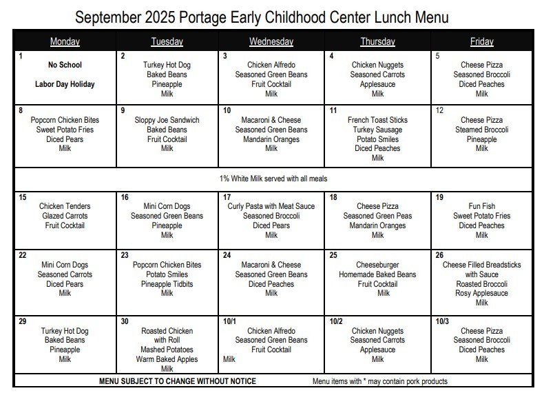 September 2025  Portage Early Childhood Programming Lunch Menu