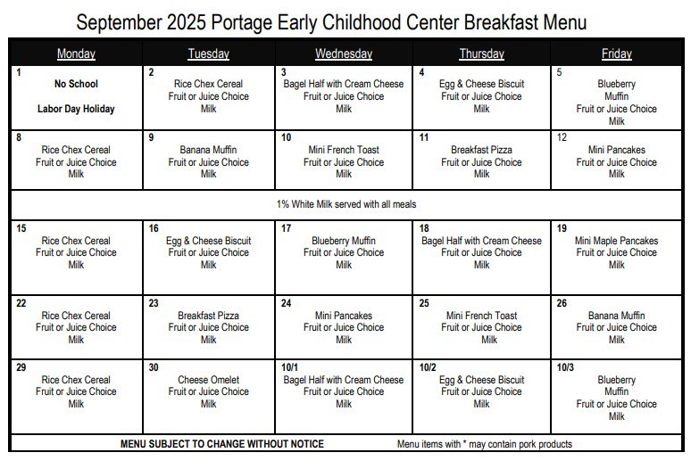 September 2025  Portage Early Childhood Programming Breakfast Menu
