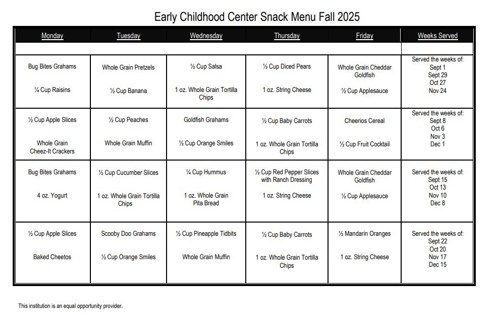 Early Childhood Programming Snack Menu Fall 2025