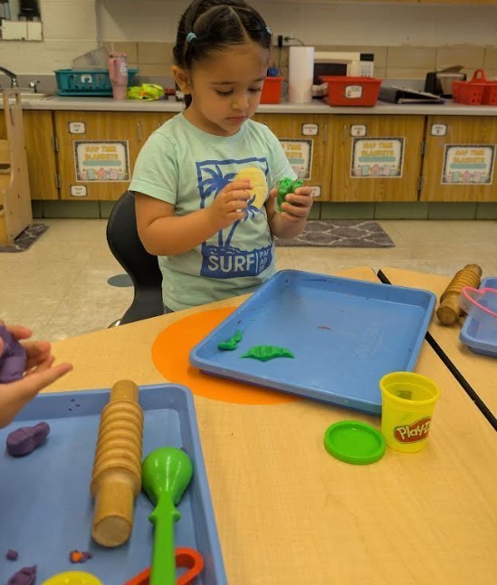 A girl playing with playdough. 