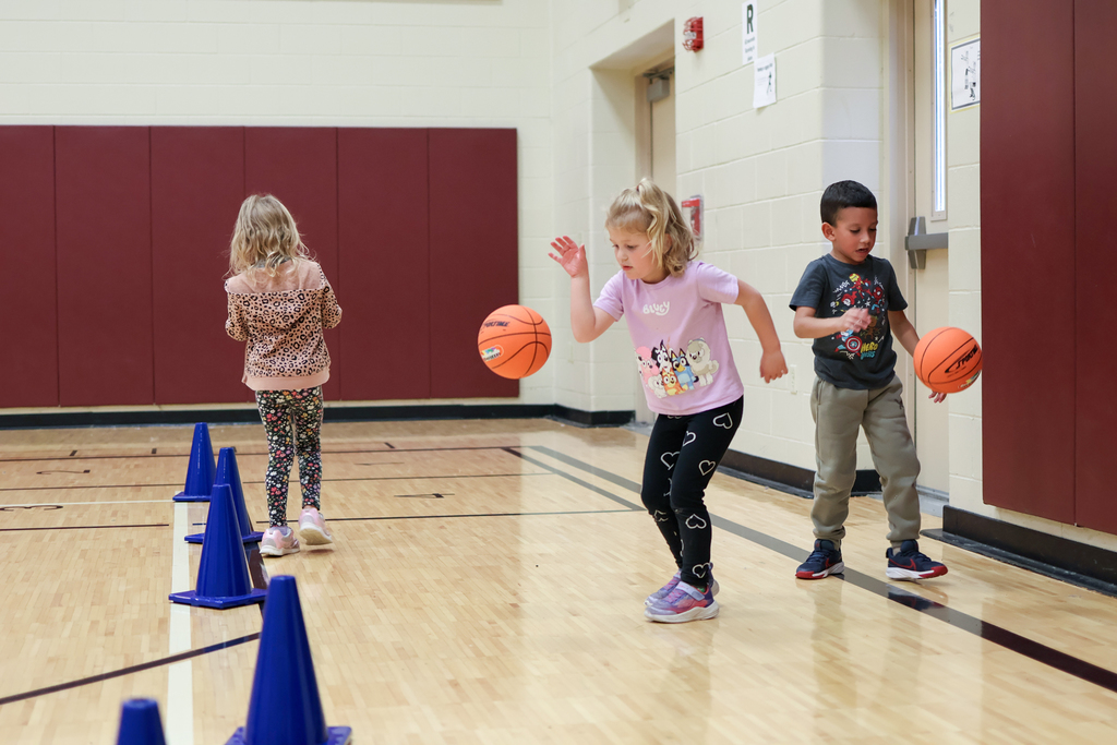 students dribbling basketballs in a gym