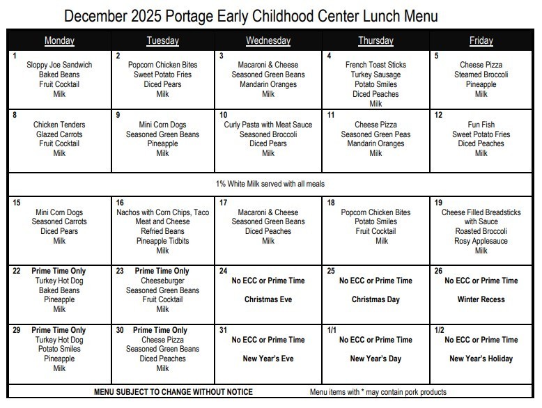 December Lunch Menu