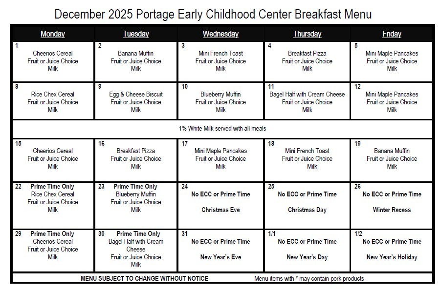 December Breakfast Menu