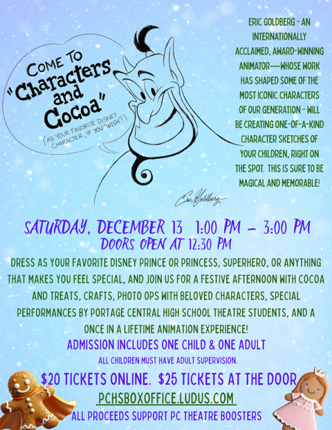 "Characters and Cocoa" Flyer, December 13, 1:00 -3:00 p.m.