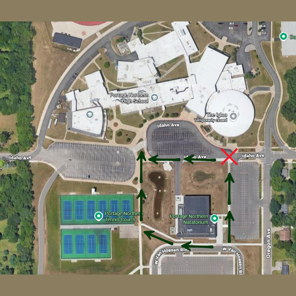 Google Maps image of PNHS campus-arrows indicating where to walk for students and a red x where they are not to cross