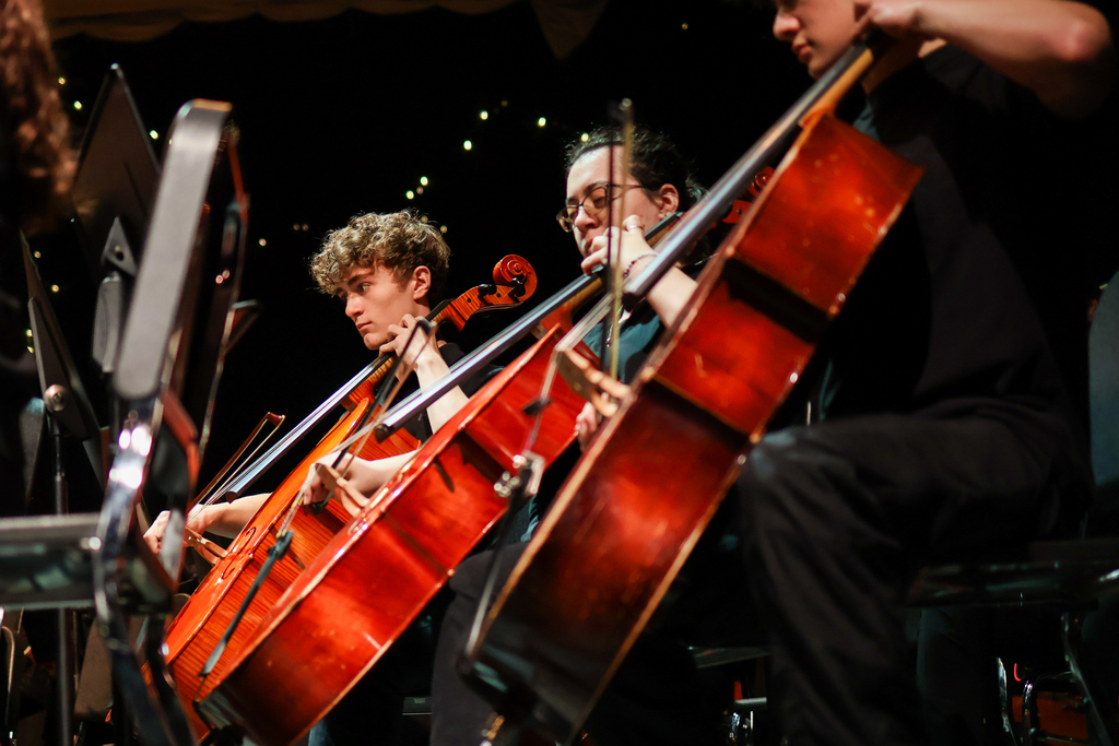 students playing string instruments on stage