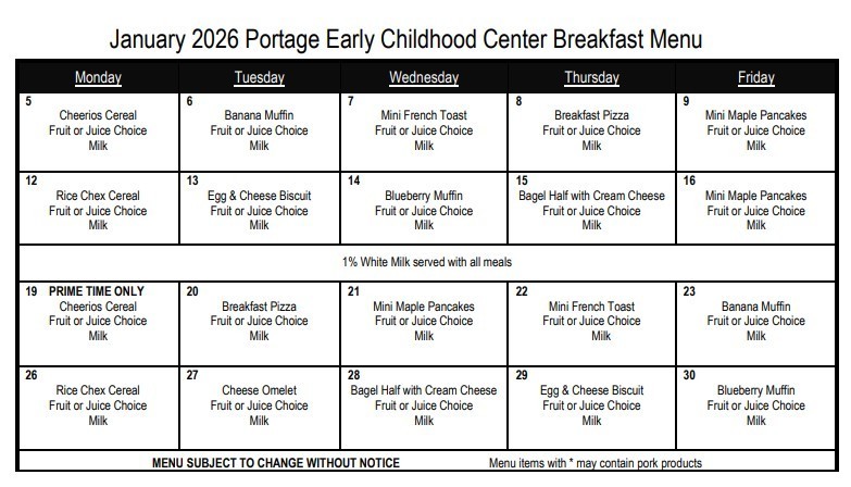 January 2026 Breakfast Menu