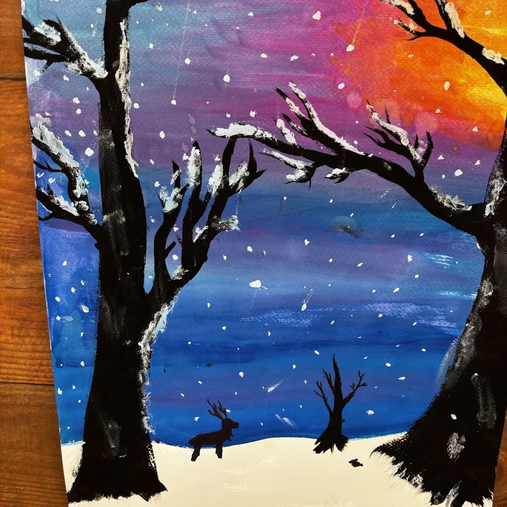 a water color painting of trees in a forest
