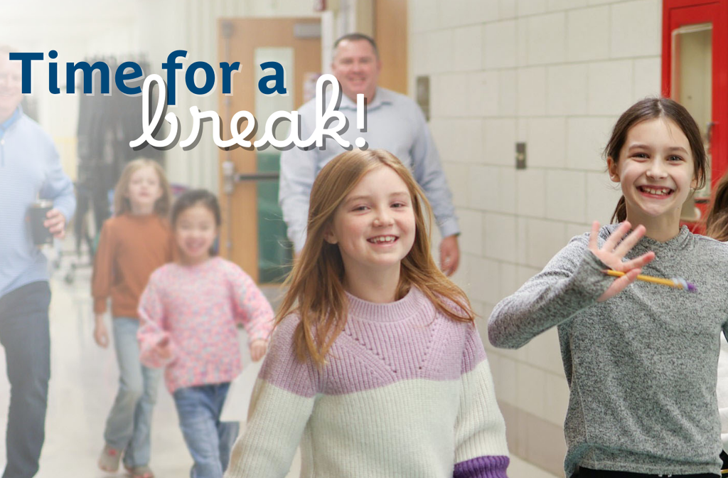 a photo of kids walking down a school hallway with text that reads time for a break