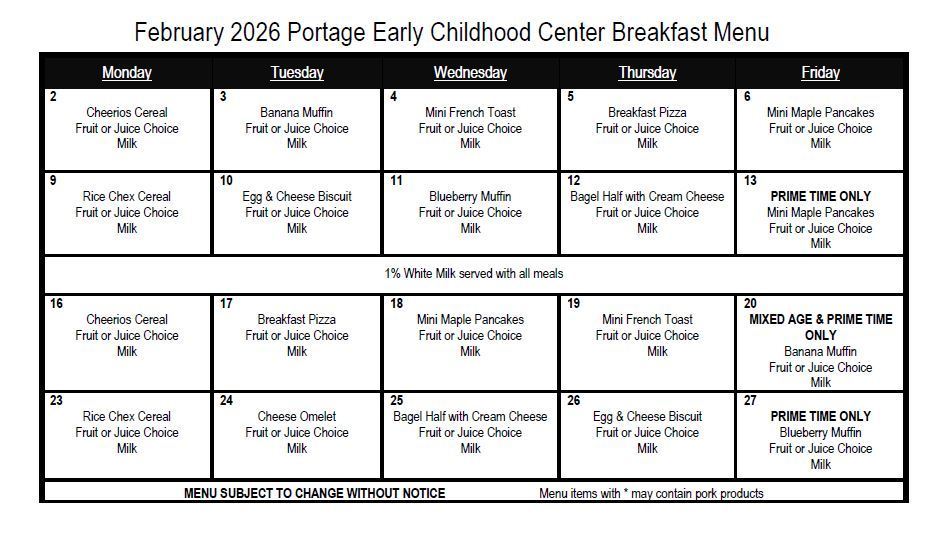 February 2026 Breakfast Menu