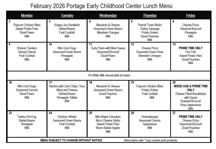 February 2026 Lunch Menu