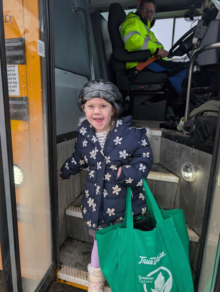 a girl dressed as a grandma gets off a bus