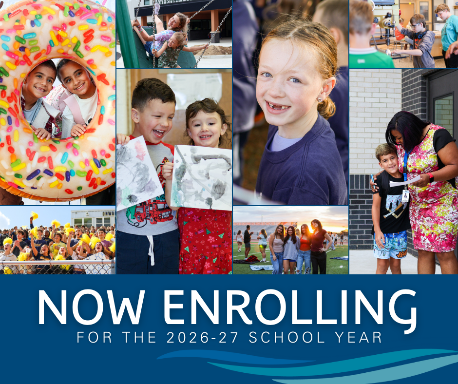 a graphic that says now enrolling for the 2026-27 school year with photos of students on it 