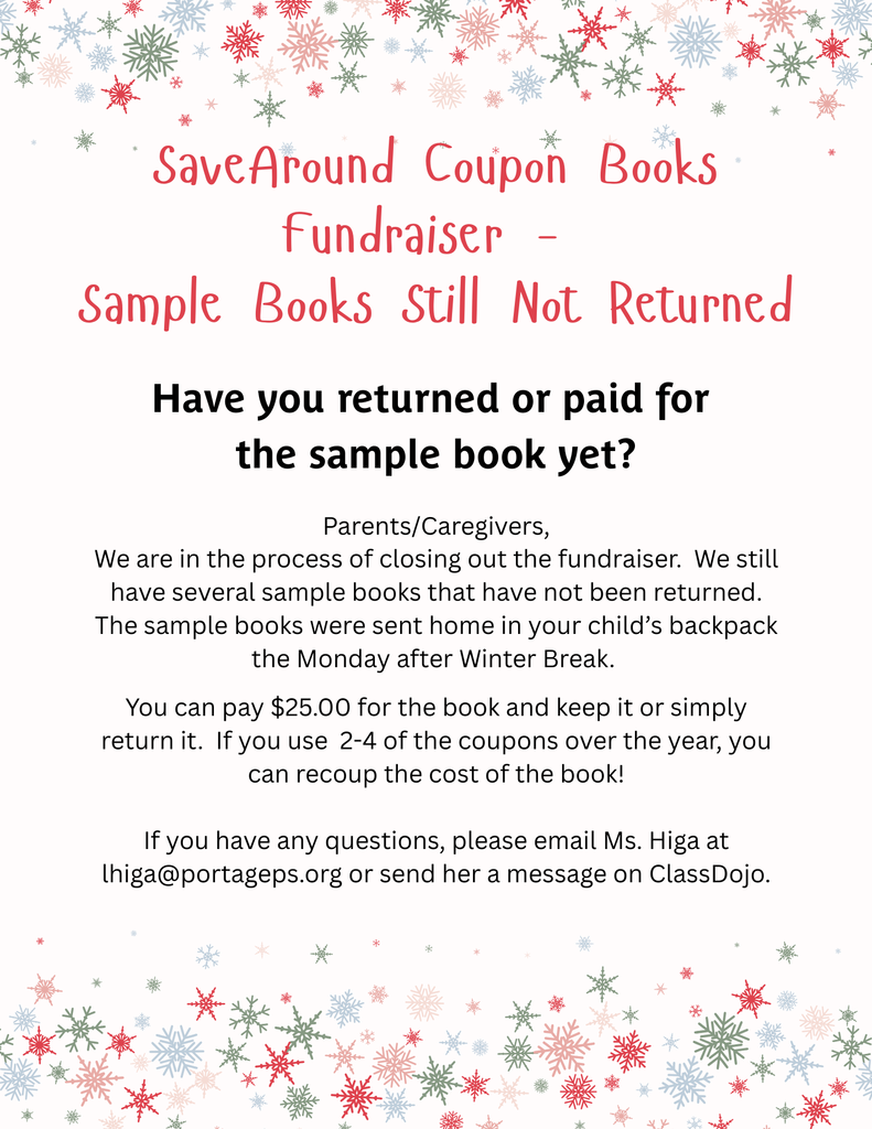 Please pay for or return the sample book from the Coupon Book Fundraiser.