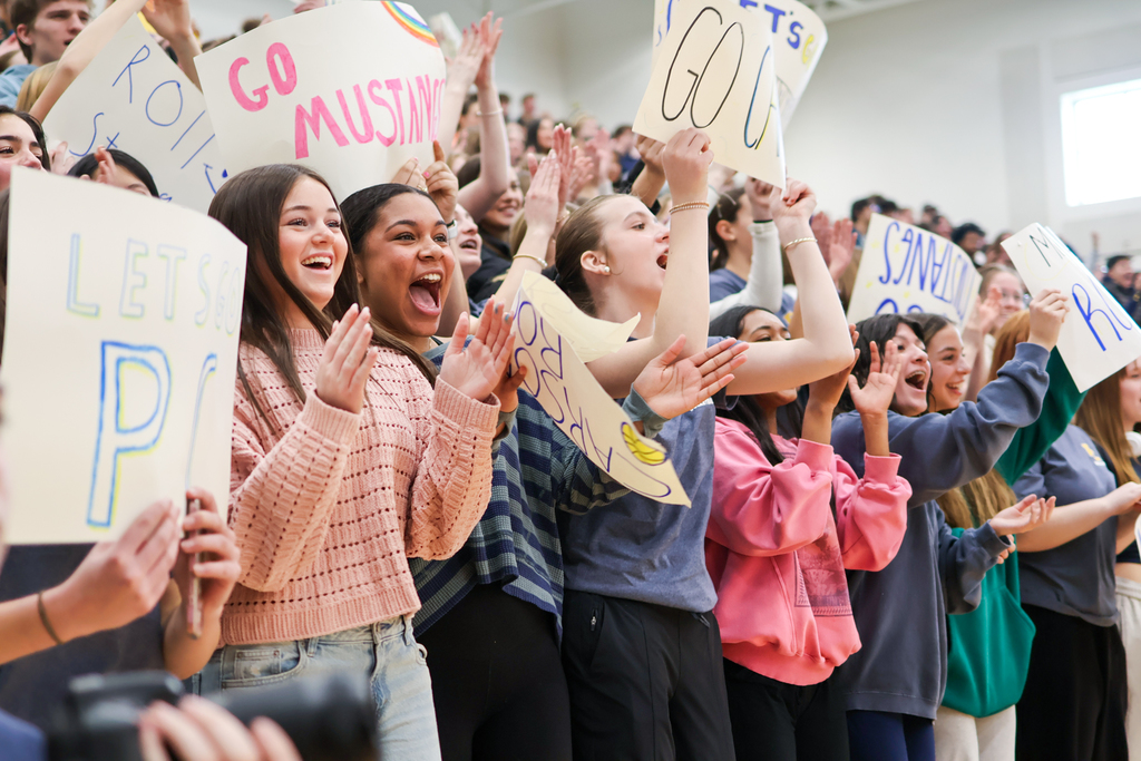 students cheer in the stands in a gym