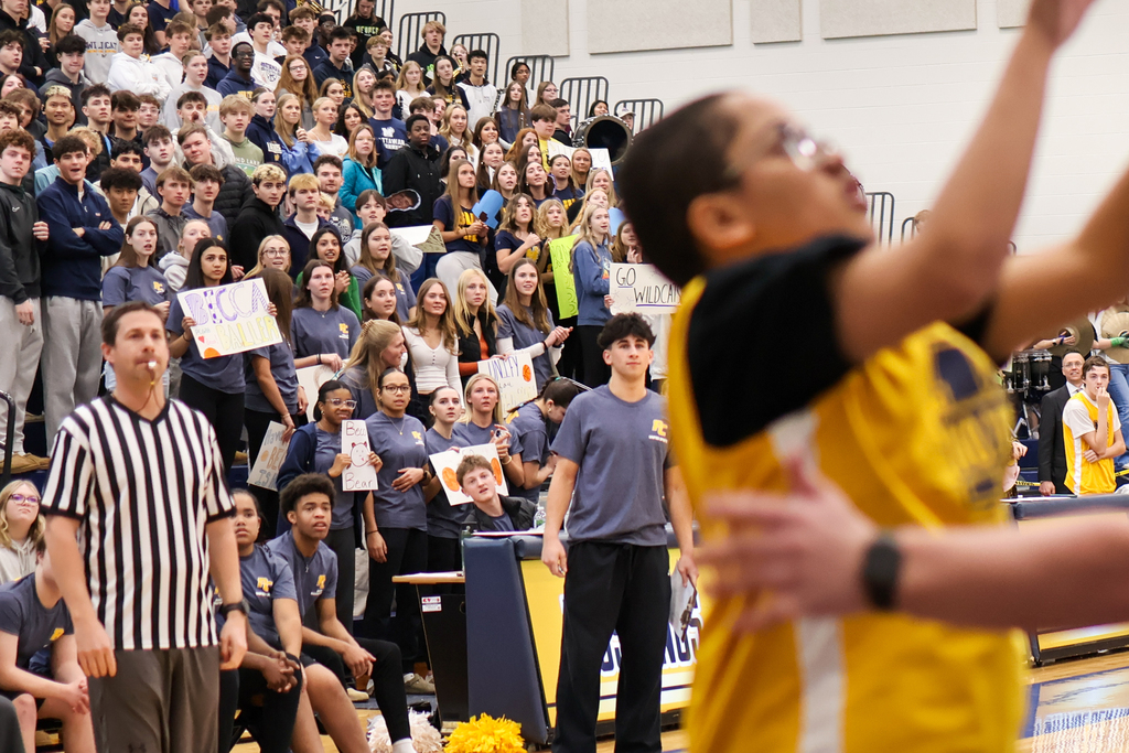 fans watch in anticipation as a basketball player shoots a basket