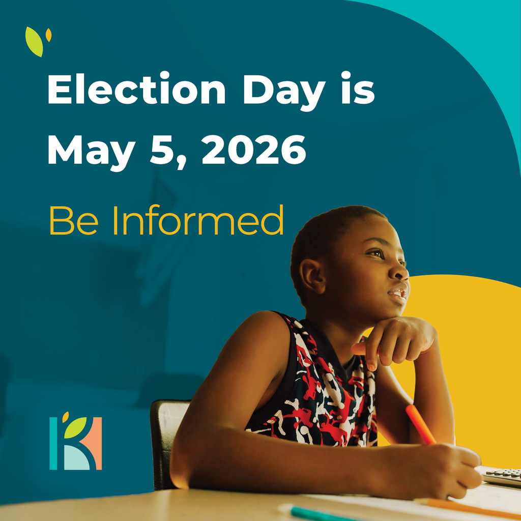 A graphic featuring a young Black boy sitting at a desk holding a pencil, looking up thoughtfully. Text over a teal background reads: "Election Day is May 5, 2026. Be Informed."