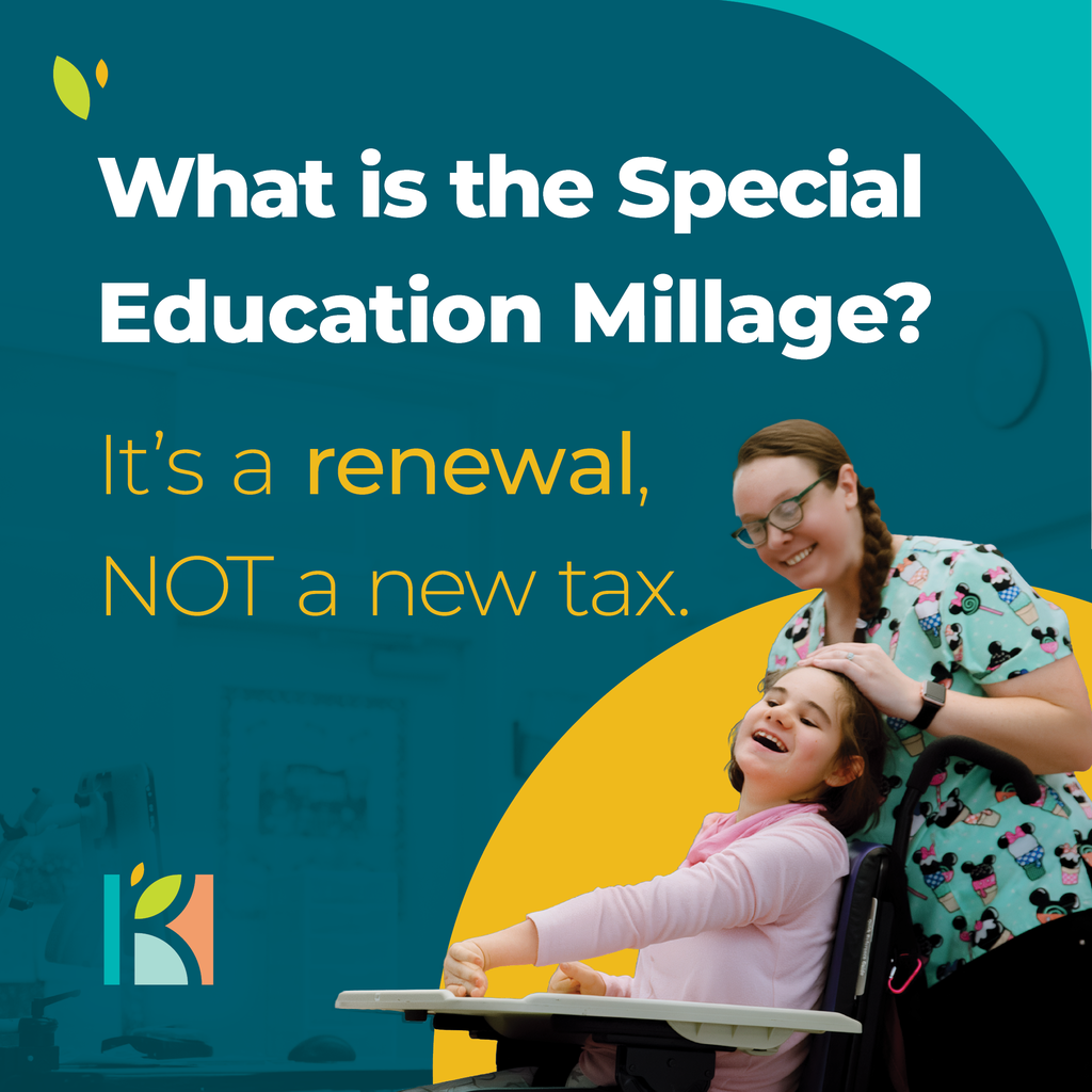 Text reads “What is the Special Education Millage? It’s a renewal, NOT a new tax.” An adult smiles while supporting a smiling child in a wheelchair, framed by teal and yellow graphics.