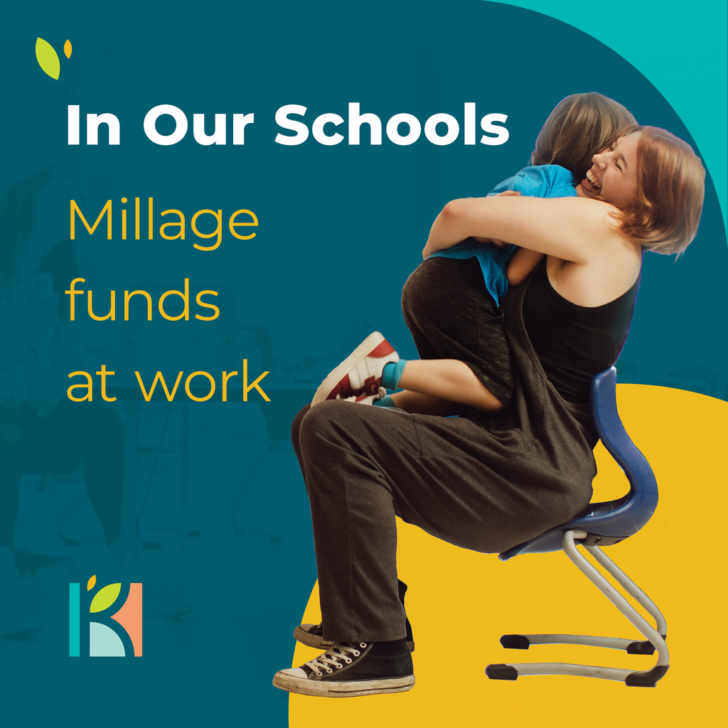 Graphic reading ‘In Our Schools, Millage funds at work’ alongside a joyful moment of an adult seated in a classroom chair hugging a child. Teal and yellow design elements frame the image.