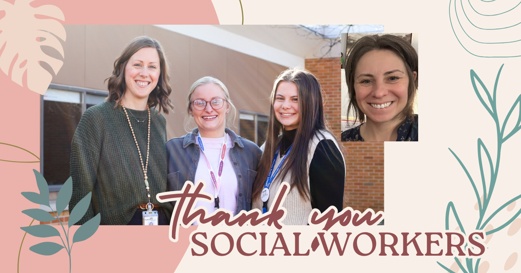 a photograph of three women and one woman on a graphic that says thank you social workers