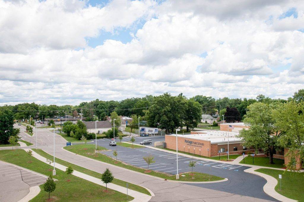 an aerial shot of the PPS Admin Building