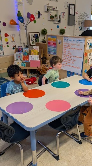 Students at a table holding paint brushes.