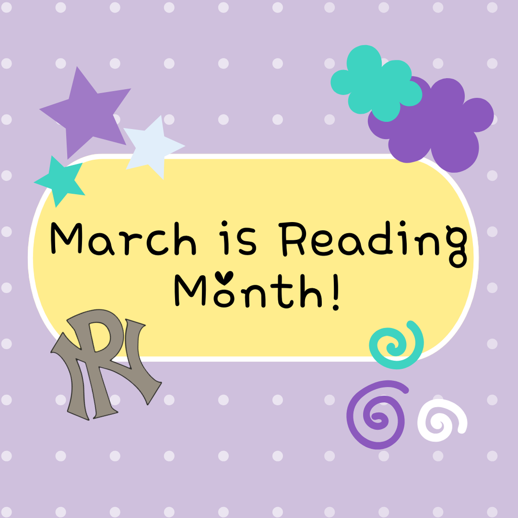 March is Reading Month with PN Logo, purple and white polka dots and accents