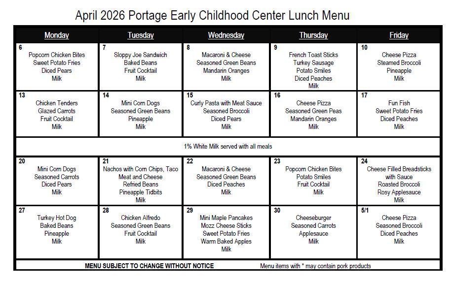 April 2026 Lunch Menu