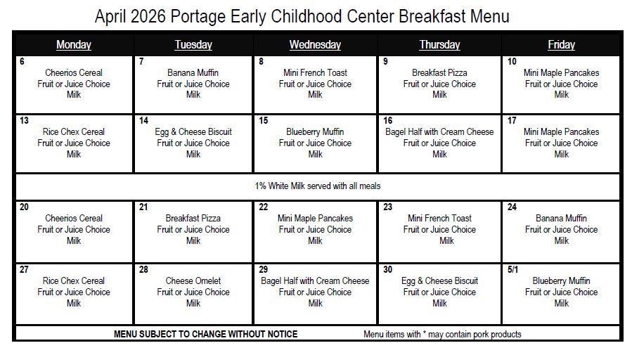 April 2026 Breakfast Menu