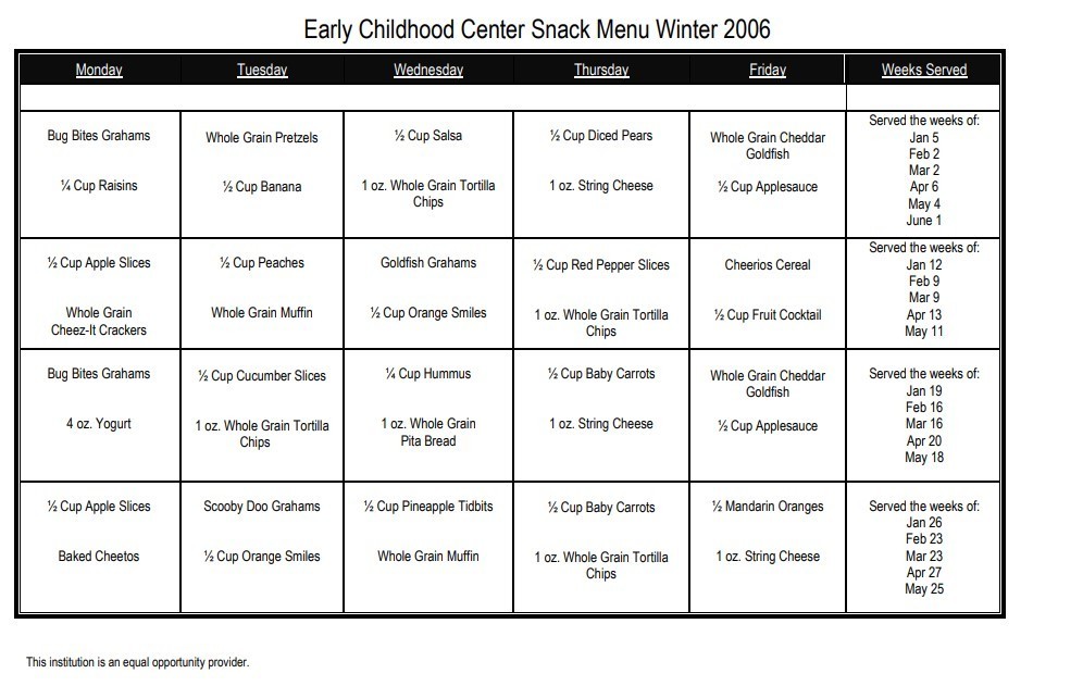 Winter 2026 Snack Menus