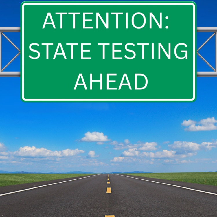 State Testing Ahead sign with highway and clouds