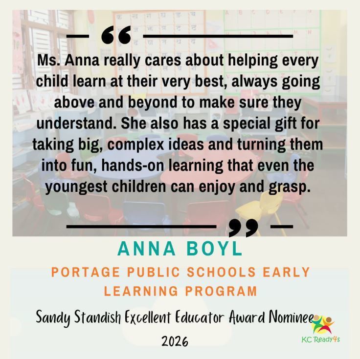 3s  Preschool Teacher, Anna Boyl, is nominated for the Sanday Standish Excellent Educator Award