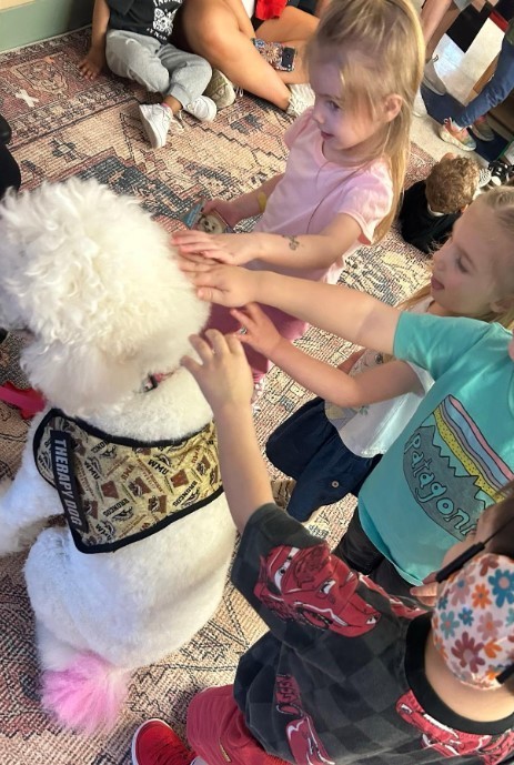 Two female three year old students petting a white poodle together.