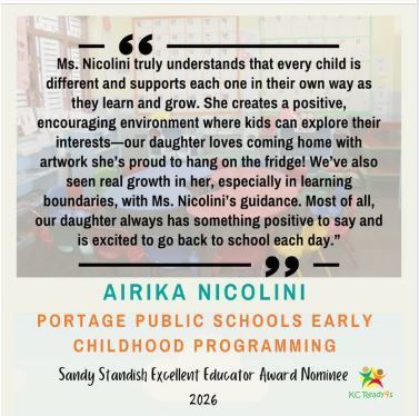Airika Nicolini is nominated for the 2026 Sandy Standish Excellent Educator Award 