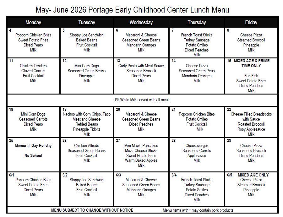 May and June Lunch Menu