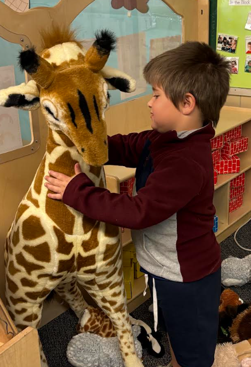 A little boy hugging a toy giraffe doll.