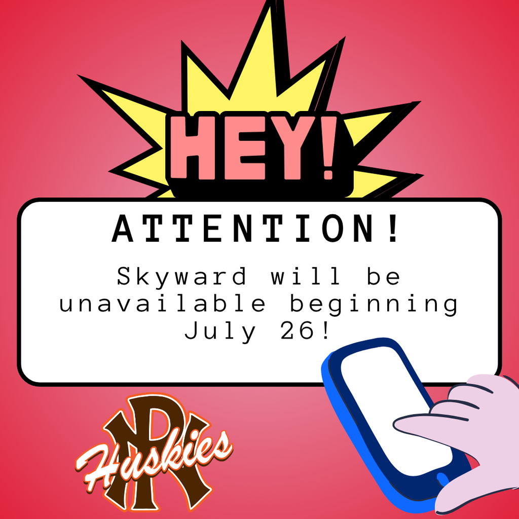 pn huskies logo Hey! Attention! Skyward will be unavailable beginning July 26. hand with phone in it and cartoon bubble