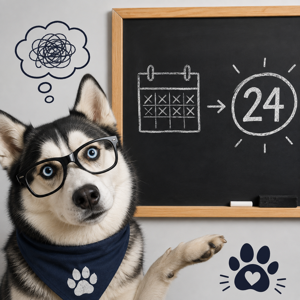 huskie looks confused with chalkboard with calendar and the number 24