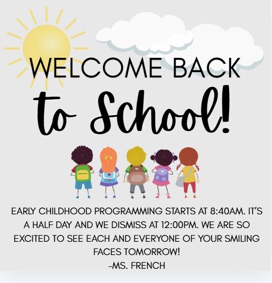 A graphic with children and backpacks and a sign welcoming people back to the first day of school with a sun and cloud above.