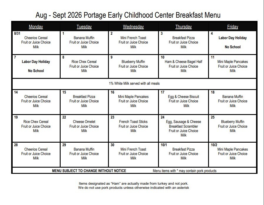 Breakfast Menu for September