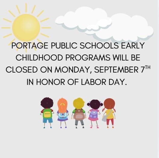 A picture with a graphic of young children wearing backpacks and a message regarding Labor Day Weekend.