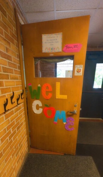 The front door decorated for a preschool classroom.