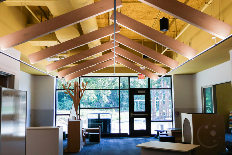 a classroom with a large windows