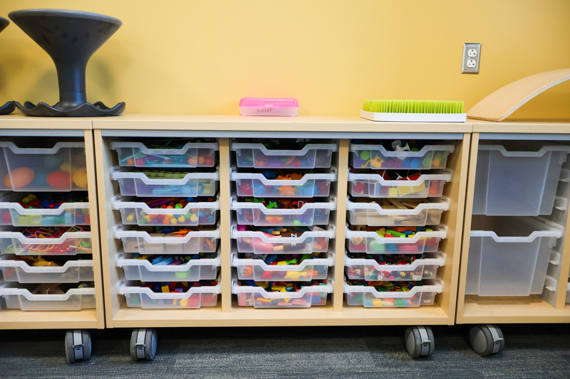 storage containers inside a classroom